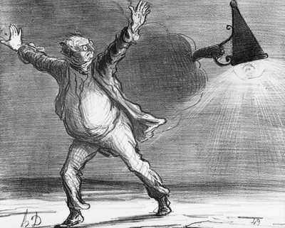 Série Actualites &39;, o cometa, Monsieur Babinet decide desligar pessoalmente o sol, a fim de cumprir suas previsões, placa 386, ilustração de&39; Le Charivari &39;, 15 de abril de 1857 (bw p de Honoré Daumier